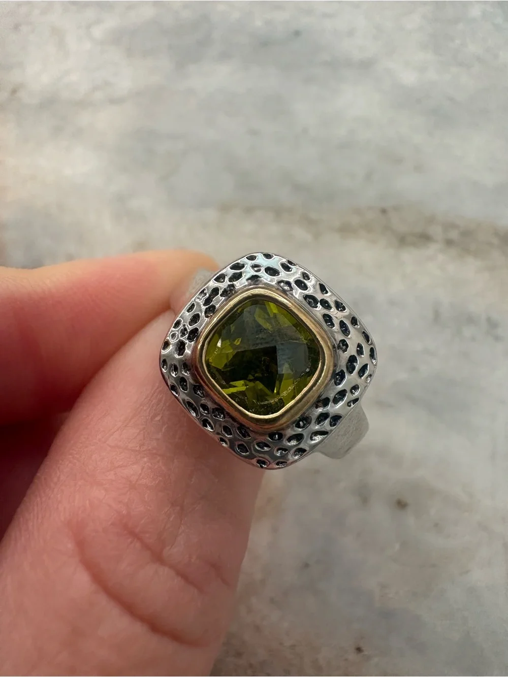 Vintage Gold Plated Ring with Olive Green Gemstone - Size 9